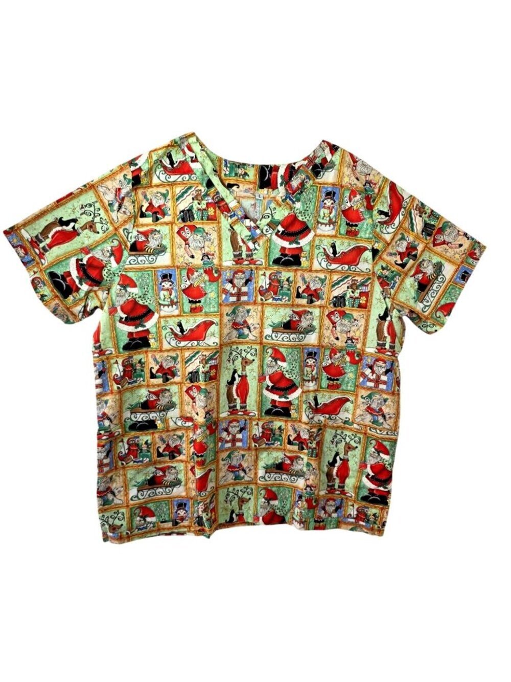 Christmas Comic Print Scrubs Top  Womens Sz L Layered V-Neck Detail Pockets